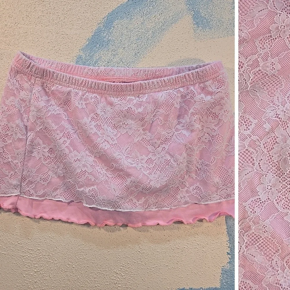 VTG Womens S Pink Lace Overlay Ruffle Trim Mini Skirt Babydoll Coquette Rave Y2K